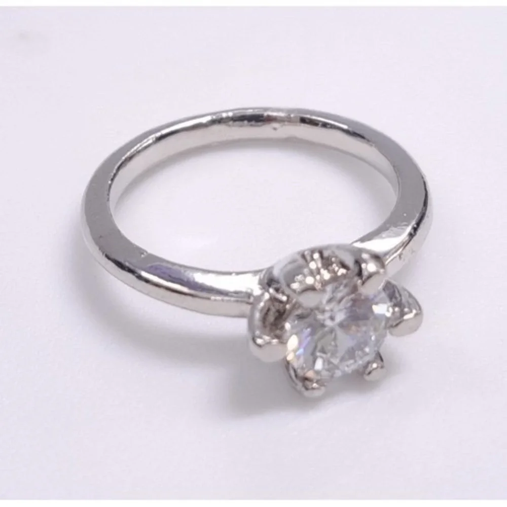 New SilverTone Solitaire Ring Size 5.5 Clear CZ Rainbow Sparkle Engagement